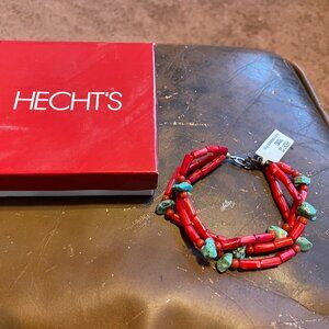 Women's Triple Stranded Bracelet w/ Turquoise & Red Coral Beads